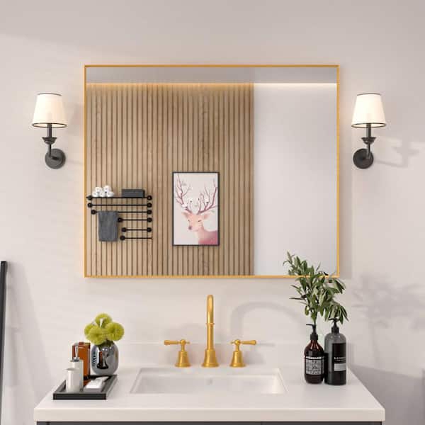 niveal Aura 36 in. W x 30 in. H Rectangular Framed Wall Bathroom Vanity Mirror in Brushed Gold