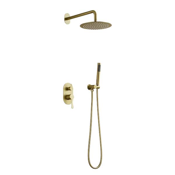 Fapully Single Handle 2-Spray Hand Shower Faucet 1.5 GPM with Drip Free 10 in. Wall Mount Rain Shower Heads in Brushed Gold