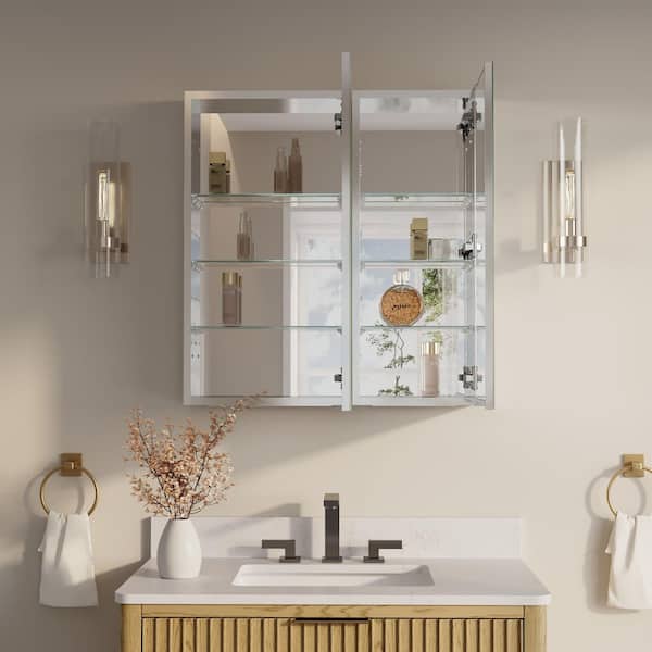 28 in. W x 30 in. H Rectangular Recess/Surface Mount Medicine Cabinet with Mirror, 2 Soft Close Door, Left or Right Open