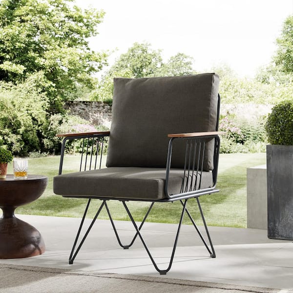 Walker Edison Furniture Company Black Hairpin Leg Metal Mid Century Modern Outdoor Lounge Chair with Clove Brown Cushion