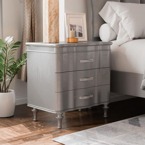 Furniture of America Seabliss Glam Silver 3 Drawer 27 in. W Serpentine Nightstand