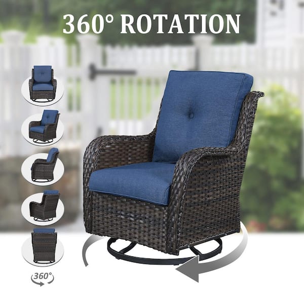 ArcoBay 5-Piece Brown Wicker Outdoor Rocking Swivel Chairs Patio Conversation Set with Navy Blue Cushions and Ottomans