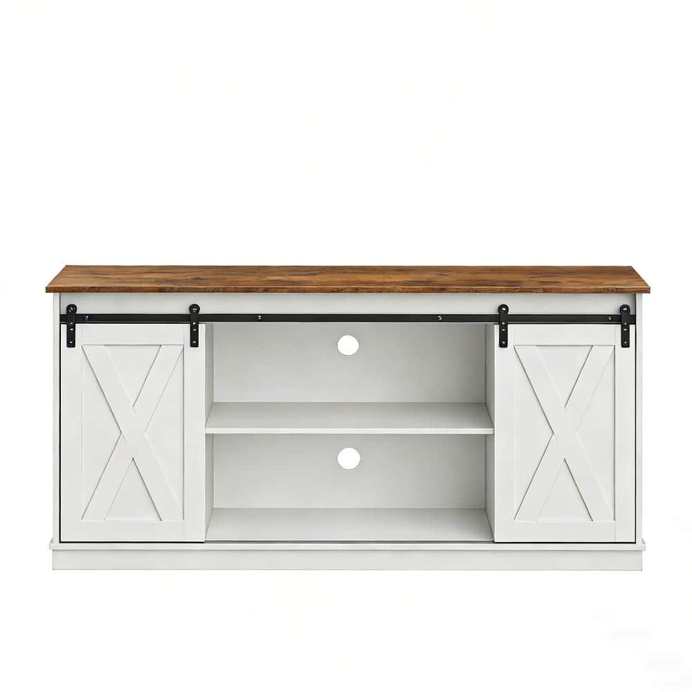 Farmhouse Solid Wood TV Stand for TVs up to 65 in. with Storage Shelves with Sliding Barn Door in White price history on PriceWatchPro