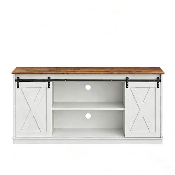 Farmhouse Solid Wood TV Stand for TVs up to 65 in. with Storage Shelves with Sliding Barn Door in White