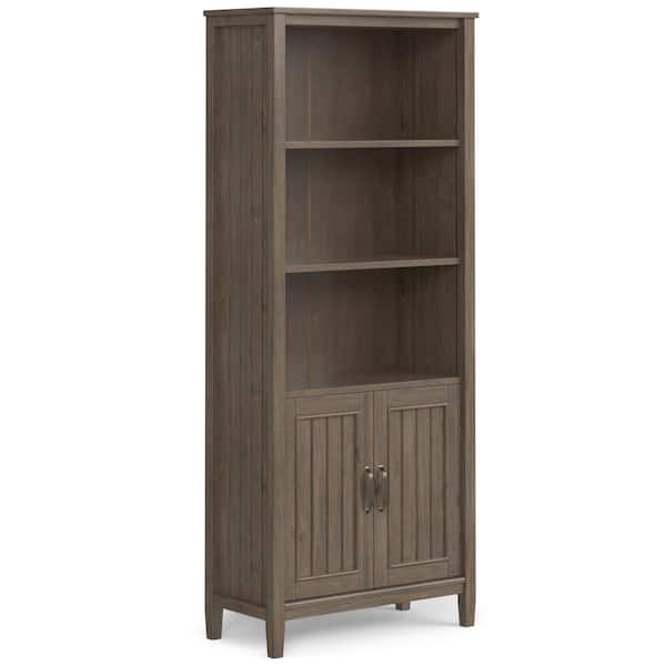 Simpli Home Lev 72 in. H Tall Smoky Brown Solid Wood Transitional Bookcase