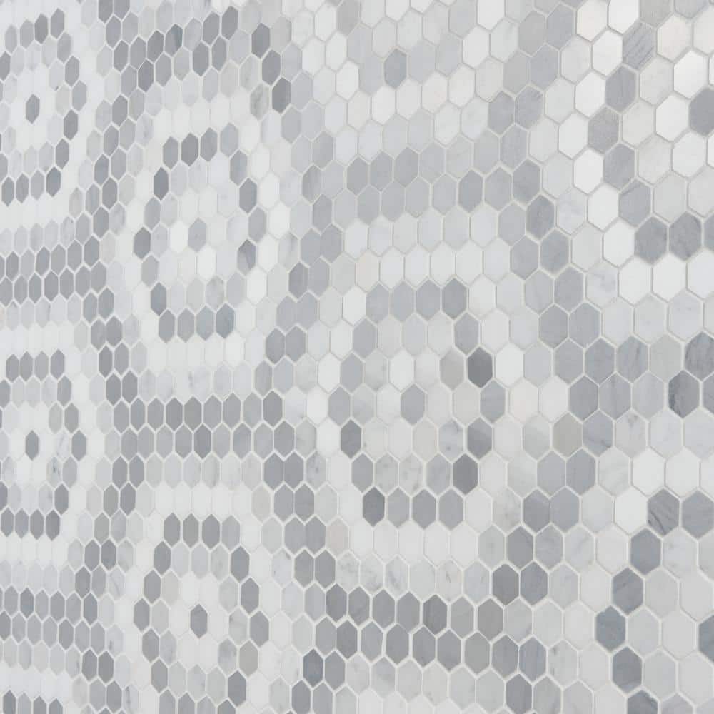 Gray and White Polished Marble Hexagon Mosaic Tile Sheet