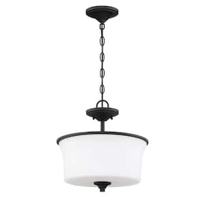 Gwyneth 13 in. 2-Light Flat Black Finish Traditional Convertible Semi Flush Mount Ceiling Light w/White Frost Glass