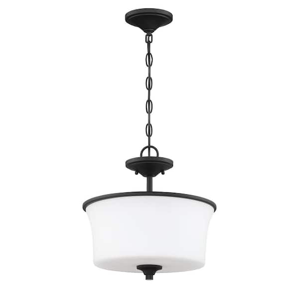 Gwyneth 13 in. 2-Light Flat Black Finish Traditional Convertible Semi Flush Mount Ceiling Light w/White Frost Glass