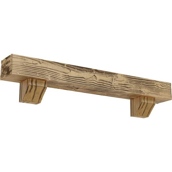 Ekena Millwork 4 in. x 6 in. x 5 ft. Sandblasted Faux Wood Beam Fireplace Mantel Kit, Ashford Corbels in Natural Pine