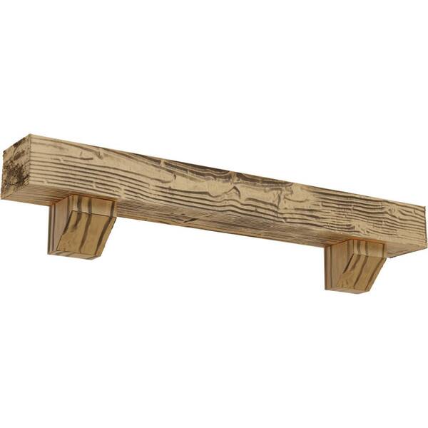 Ekena Millwork 8 in. x 8 in. x 3 ft. Sandblasted Faux Wood Fireplace Mantel Kit, Ashford Corbels, Natural Pine