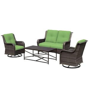 4-Piece Wicker Patio Conversation Set Loveseat Sofa Coffee Table with Green Cushion