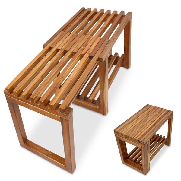 Adjustable Length Acacia Wood Shower Stool Bench Chair in Brown with Storage Shelf for Seniors