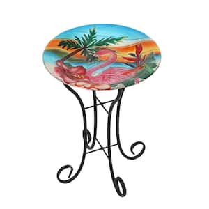 Flamingo Glass Bird Bath with Metal Stand