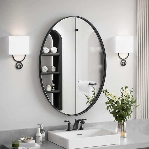 22 in. W x 30 in. H Medium Oval Stainless Steel Mirror Bathroom Mirror Vanity Mirror Decorative Mirror in Brushed Black