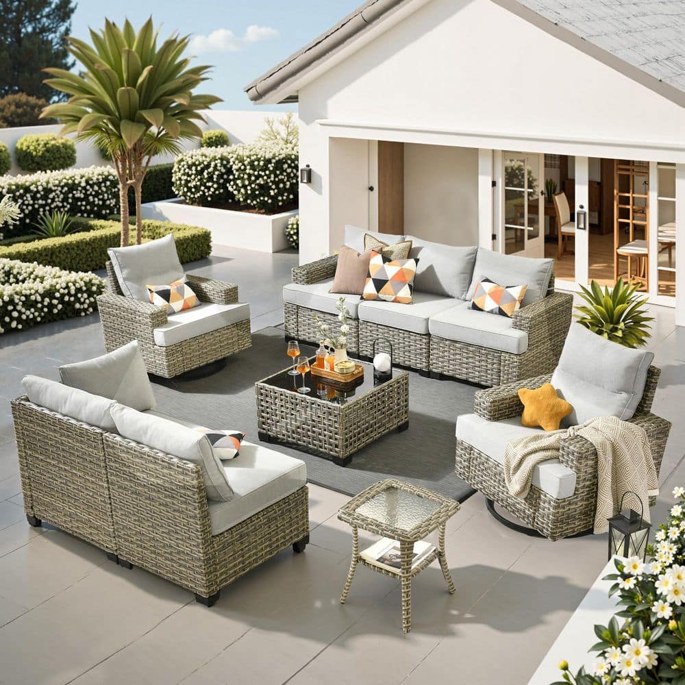 Silvae Gray 9-Piece Wicker Outdoor Sectional Set Patio Conversation Set with Rocking Chair&Light Gray Cushion and Table