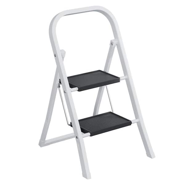 Tidoin 2.6 ft. White Metal Folding 2 Step Ladder (6 ft. Reach), 300 lbs. Load Capacity Type IA Duty Rating