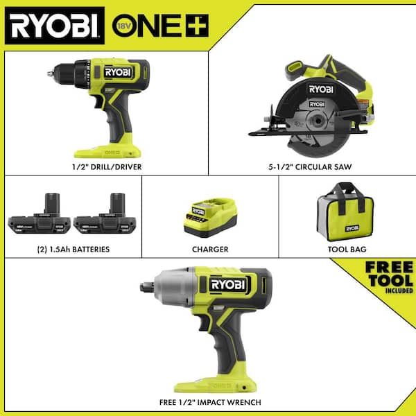 ONE+ 18V Cordless 2-Tool Combo Kit with (2) 1.5 Ah Batteries, Charger, and ONE+ Cordless 1/2 in. Impact Wrench