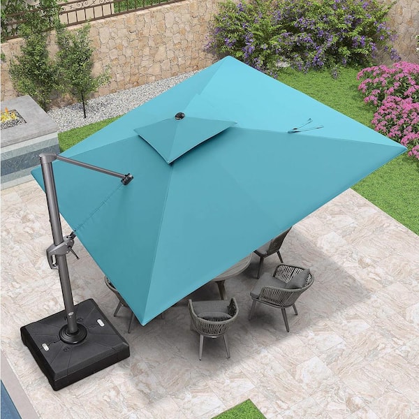 PURPLE LEAF 11 ft. Square 2-Tier Aluminum Cantilever 360-Degree Rotation Patio Umbrella with Base, Turquoise Blue