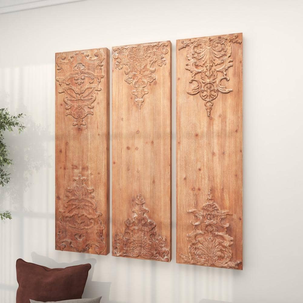 Brown Wood Carved Floral Antefix Wall Decor Set of 3
