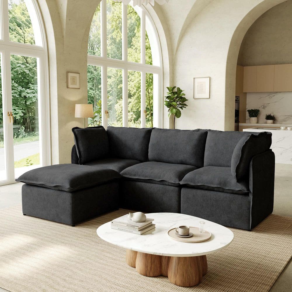 Modern Steel 96 in. 4-Piece Polyester Modular Sectional Sofa with Washable Cover,Ottoman,Portable for Apartment in Black price history on PriceWatchPro