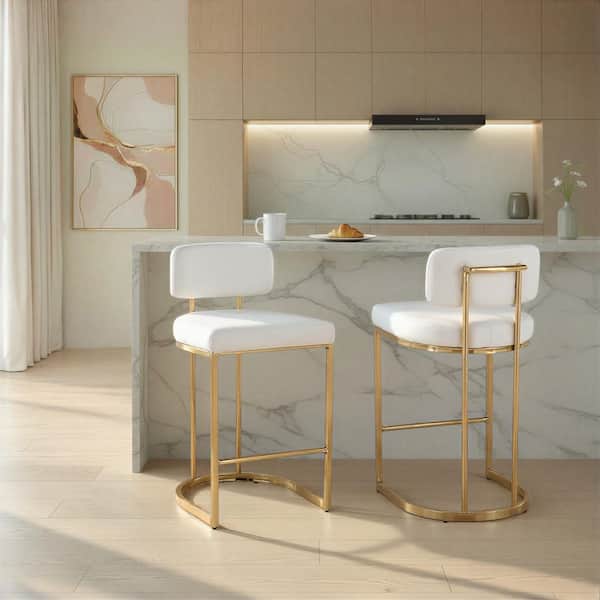 Demi Mid-Back 35 in. H White Faux Leather and Gold Metal Fixed-Height Counter Stool (Set of 2)
