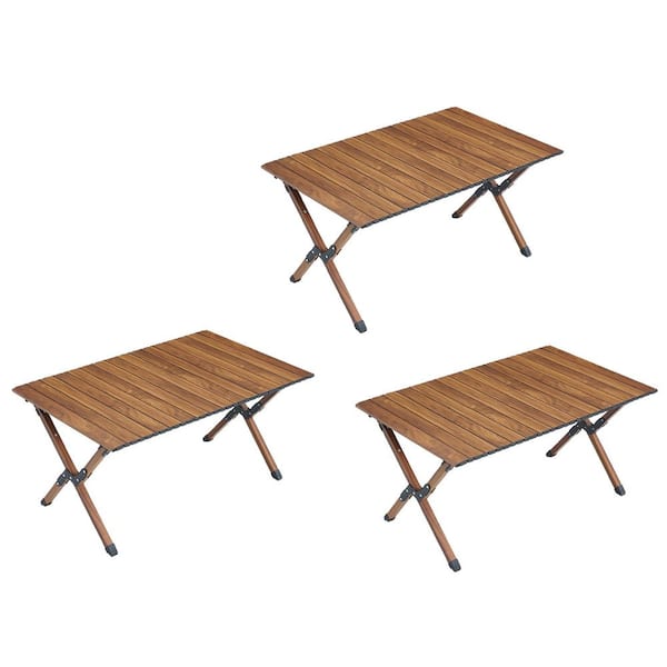 37 in. Brown Rectangle Aluminum Picnic Table, Folding Camping Table for BBQ, Beach Set of 3 for Promotion