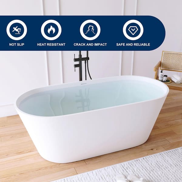 Maria 63 in. Stone Resin Solid Surface Matte Flatbottom Freestanding Bathtub in White