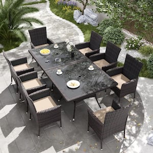 10-Piece Wicker Patio Outdoor Dining Set with Glass Tabletop, 1.5 in. Umbrella Hole and Sand Cushion