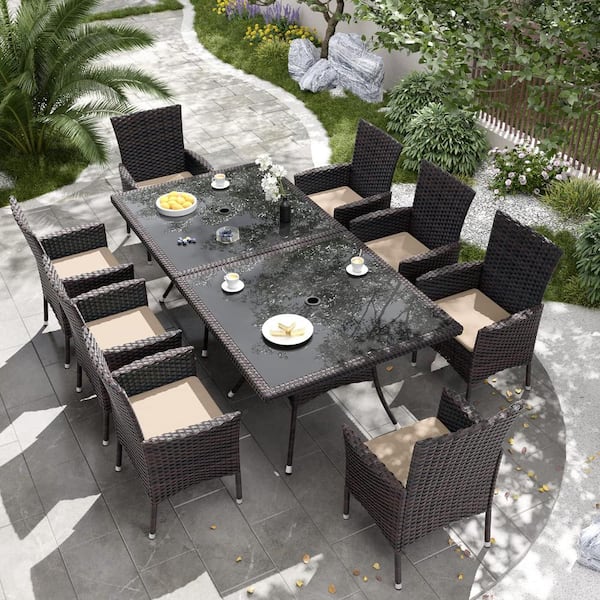 Halmuz 10-Piece Wicker Patio Outdoor Dining Set with Glass Tabletop, 1.5 in. Umbrella Hole and Sand Cushion