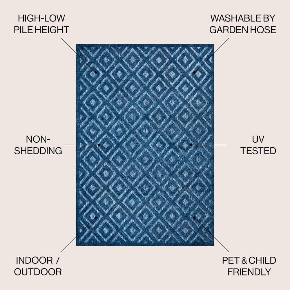 Navy Geometric Synthetic Rectangular Indoor/Outdoor Area Rug