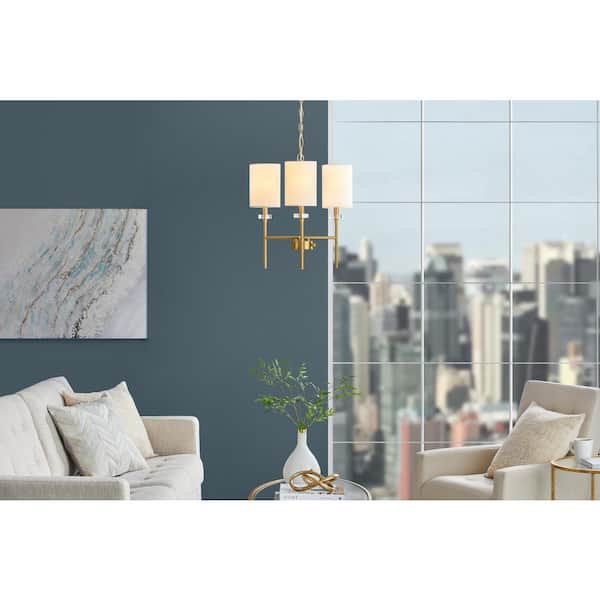 3 Light Modern Aged Brass Finish Chandelier With White Fabric Shades