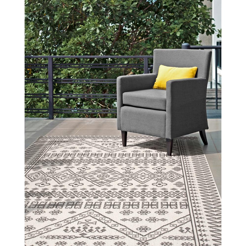 Ivory and Gray Bohemian Synthetic Outdoor Area Rug