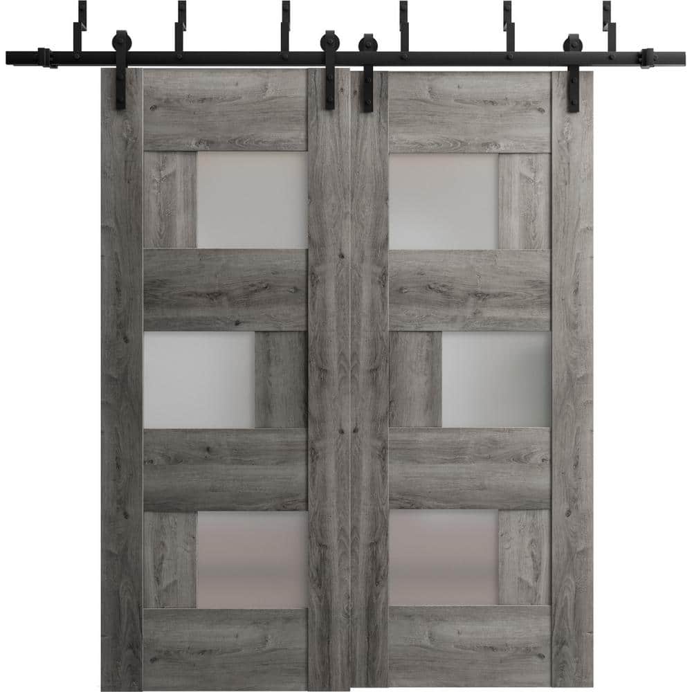 64 in. x 80 in. 2 Panel Frosted Glass Nebraska Grey Wood Sliding Barn Door with Hardware Kit price history on PriceWatchPro