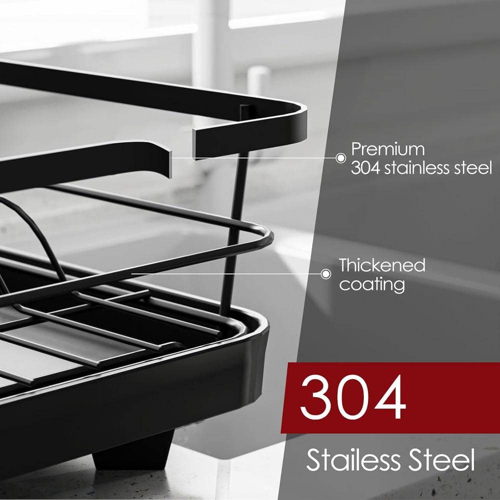Black Stainless Steel Expandable Dish Drying Rack with Utensil Cup
