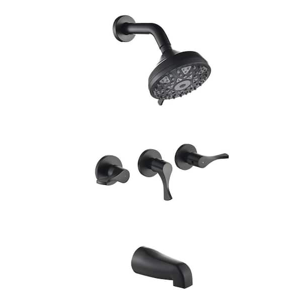 3 Handle 2-Spray Tub and Shower Faucet 2.5 GPM, 5 in. Shower Head with 6 Functions in Matte Black Valve Included