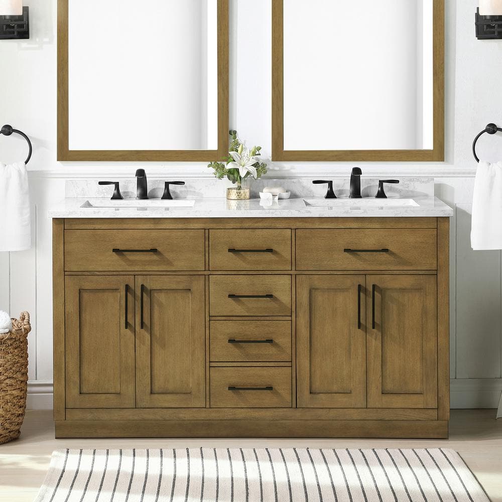 Athea 60'' Almond Latte Double Sink Bathroom Vanity with Marble Top