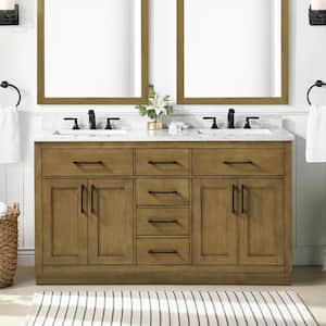 Athea 60 in. W x 22 in. D x 34 in. H Double Sink Bath Vanity in Almond Latte with White Engineered Marble Top and Outlet