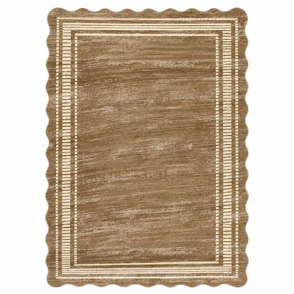 Brown 8 ft. x 10 ft. Scalloped Machine Washable Modern Border Low-Pile Non-Slip Area Rug