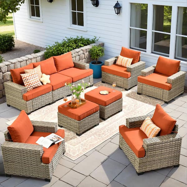 HOOOWOOO Kelleys 9-Piece Wicker Modern Outdoor Patio Conversation Sofa Seating Set with Orange Red Cushions