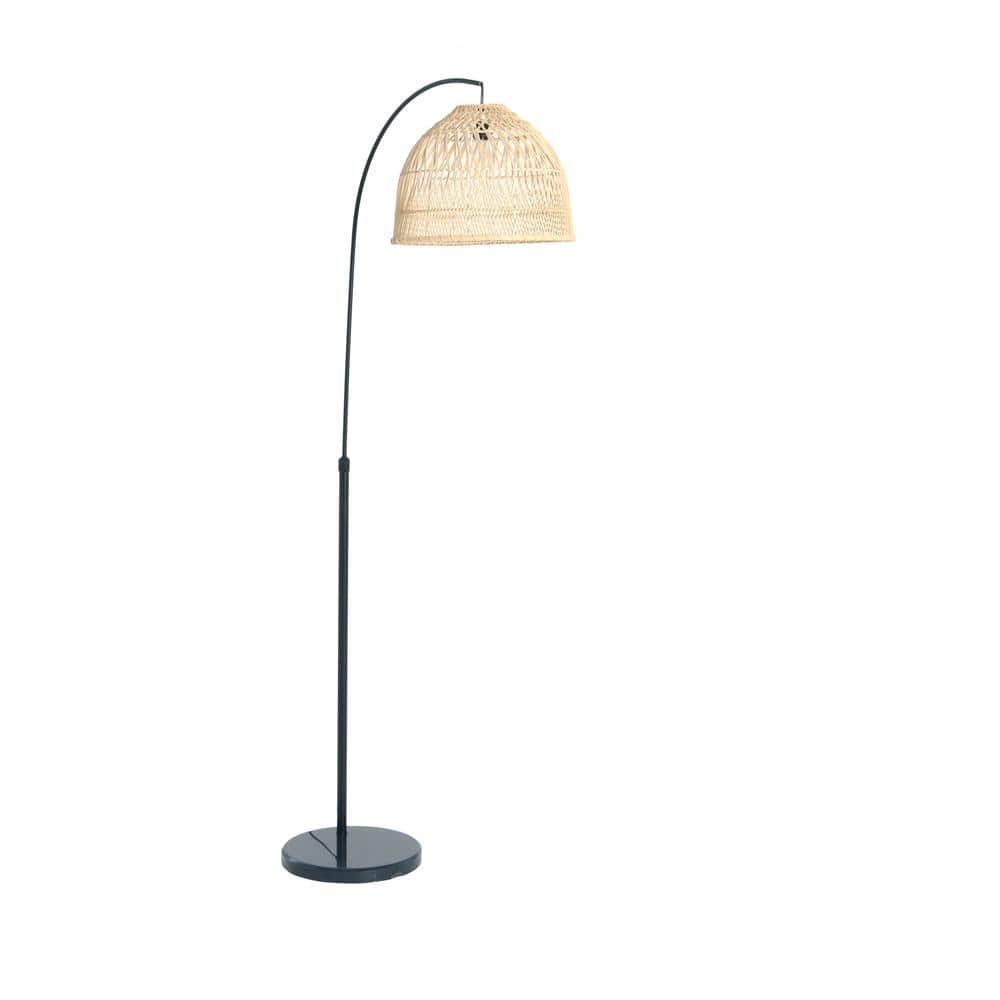 78" Black Metal Arc Floor Lamp with Marble Base and Rattan Shade