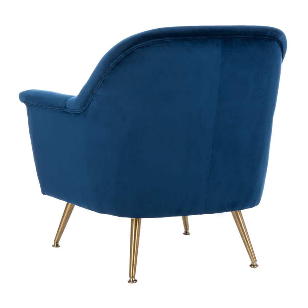 Luxurious Navy Velvet Wood Accent Arm Chair with Brass Legs