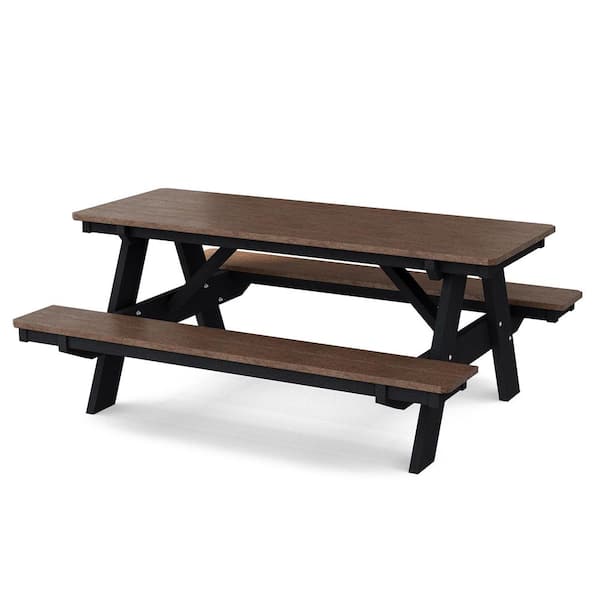 Heritage 72 in. Tudor Brown and Black Rectangle HDPE Plastic Picnic Table Seats 6 People