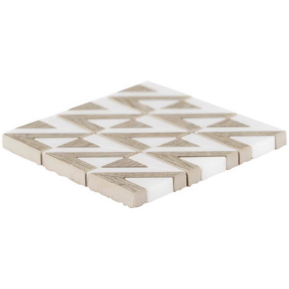 Wooden Beige and White Geometric Marble Mosaic Tile Sheet