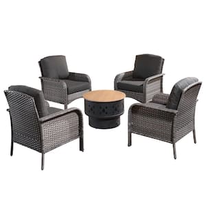 Venice Gray 5-Piece Wicker Outdoor Patio Conversation Chair Set with a Wood-Burning Fire Pit and Black Cushions