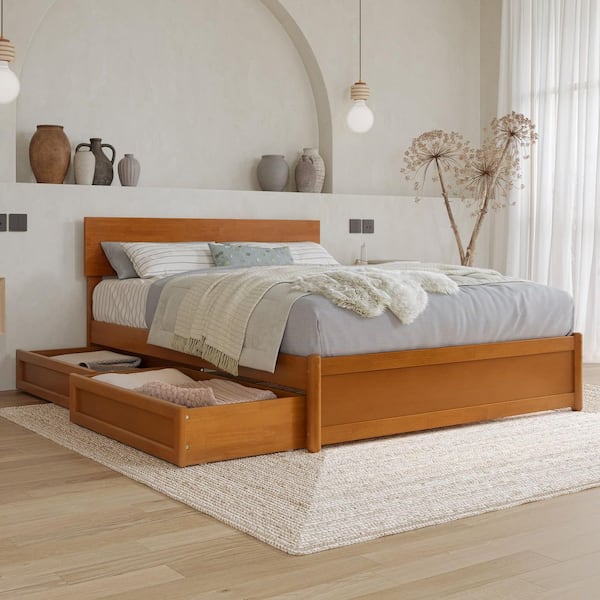 AFI Wesley Light Toffee Natural Bronze Solid Wood Frame Full Platform Bed with Panel Footboard and Storage Drawers