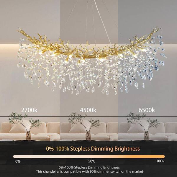 PUYRNF 16-lights 55 in. Large Gold Tree Branch Crystal Chandelier
