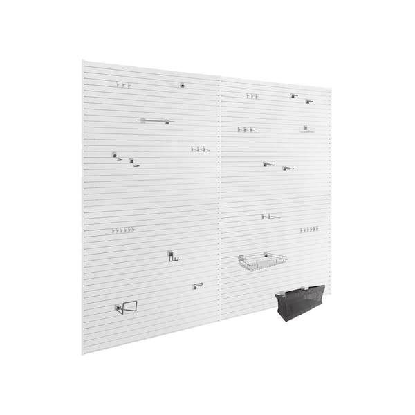 143.5 in. H x 0.66 in. W PVC Slatwall Panels Set in White (40 sq. ft.) with 40-Piece Hook Kit