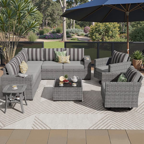 Lanora Gray 9-Piece PE Rattan Wicker Outdoor Sectional Set Sofa Set with Gray Stripe Cushion, Table & Rocking Chair Set