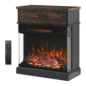 25 in. Antique Black Stainless Steel Electric Fireplace with Stand Brown Wood Side Table, 3-Sided Glass