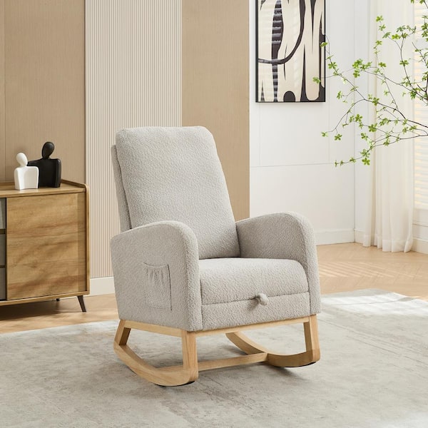 Unbranded Light Grey Boucle Fabric Rocking Chair with Retractable Footrest Nursery Glider Rocker Accent Armchair with Side Pocket